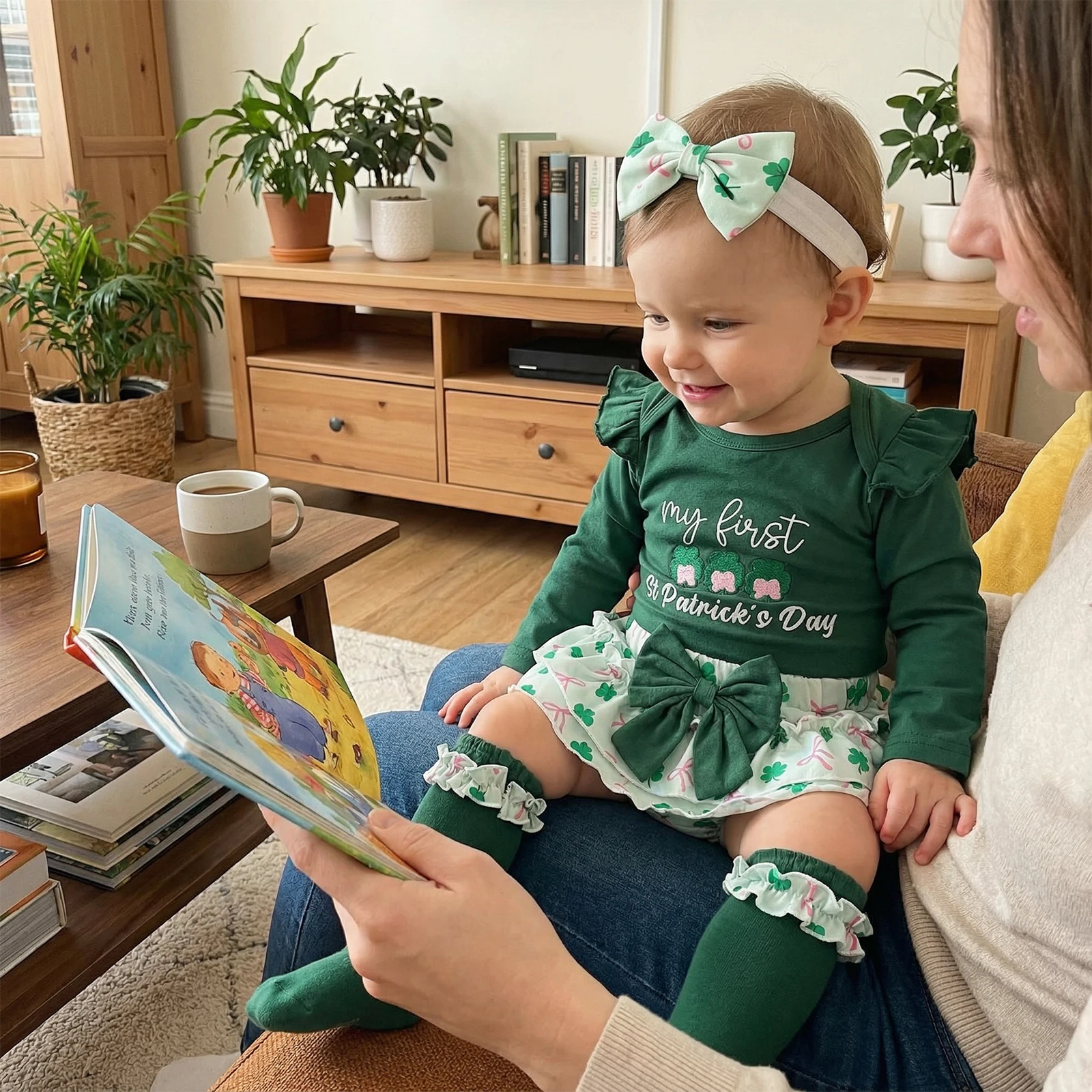 Baby Girls Irish Festival Outfit Letter Shamrock Embroidery Long Sleeve Round Neck Jumpsuit Headband Short Ruffled Skirt Socks