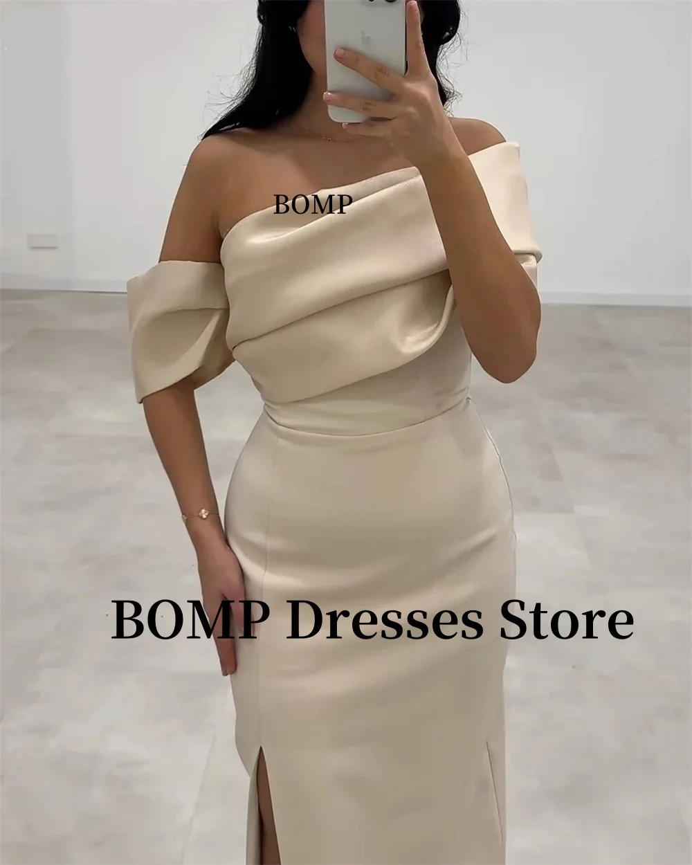 BOMP – robe de demoiselle d'honneur élégante en Satin Champagne, style sirène, asymétrique épaule dénudée, fente latérale drapée, robes de bal de mariage, personnalisées, 2025