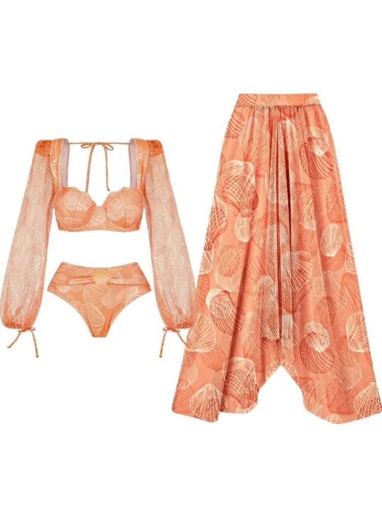 レトロマッチングプリントワンピース水着セクシーなビーチ水着ファッションストラップカバーアップブラウス先行販売新 2025 ビキニセット