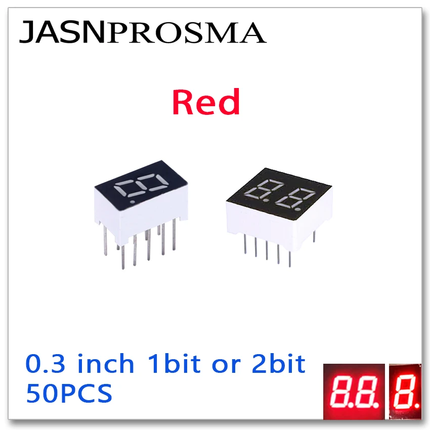 

JASNPROSMA 50 шт. 0,3 дюйма 7 сегментов 1 2 бита цифровая трубка красный зеркальный светодиодный дисплей 0,3 "бит 0,3 дюйма 1 бит 2 Бит