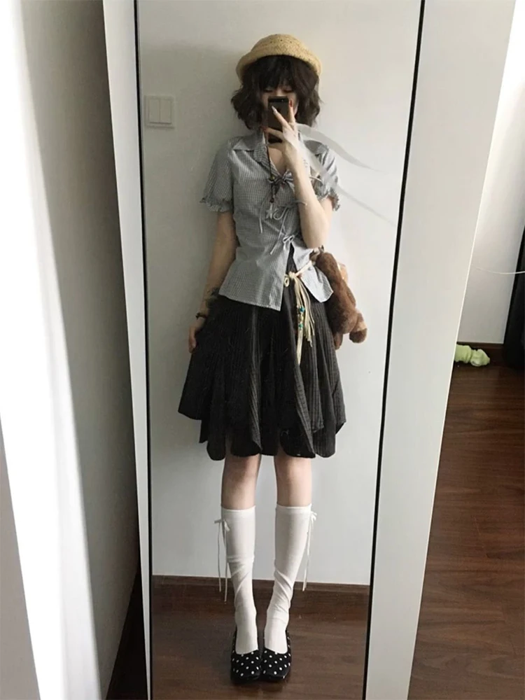 

College Style Plaid Shirt And Half Skirt Set Summer Slimming Commute Short Sleeve Tie Waist Two Piece Set Women's Fashion