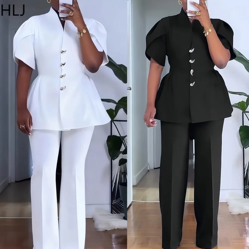 

HLJ Elegant 2 Pieces Set for Woman Outfits Solid Color Flower Bud Sleeve Top and Straight-leg Pants Matching Female Streetwear