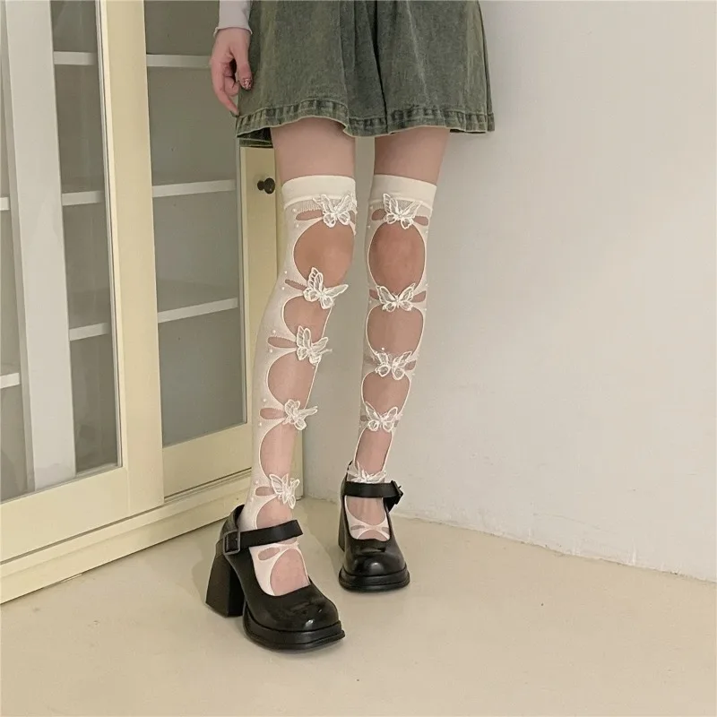 Three Dimensional Butterfly High Tube Socks with White Lace Pattern Cute and Sexy Lolita Thigh Knee Socks
