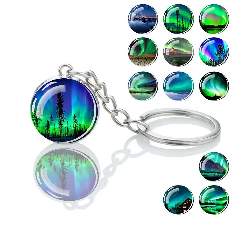 LLavero de paisaje de Metal con cúpula de aurora boréa, símbolo de la suerte, bendición, bolsa de regalo para amigos, accesorios, colgante de llave de coche