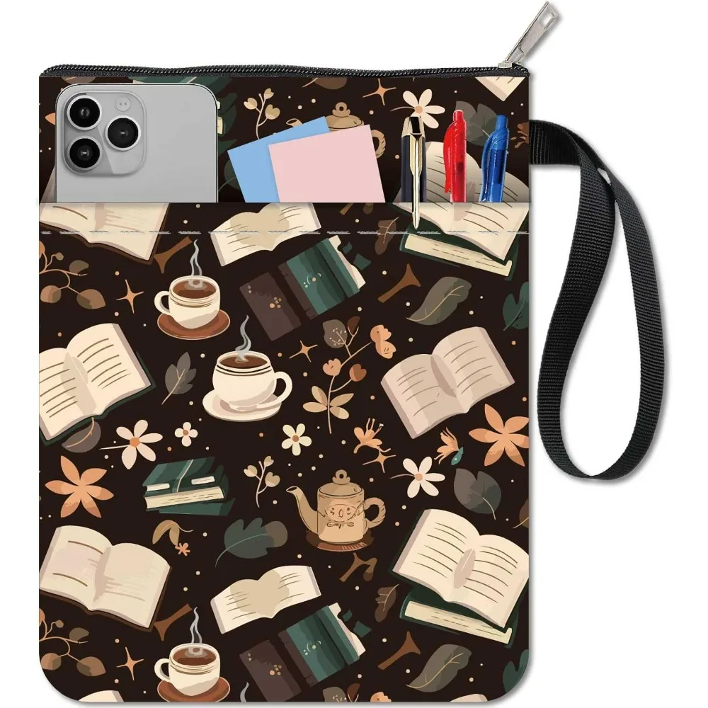 Book Sleeve Cover Bag with Zipper and Extra Sleeve Rectangle Vintage Coffee Cup Open Book Flower Cloth Washable making kit