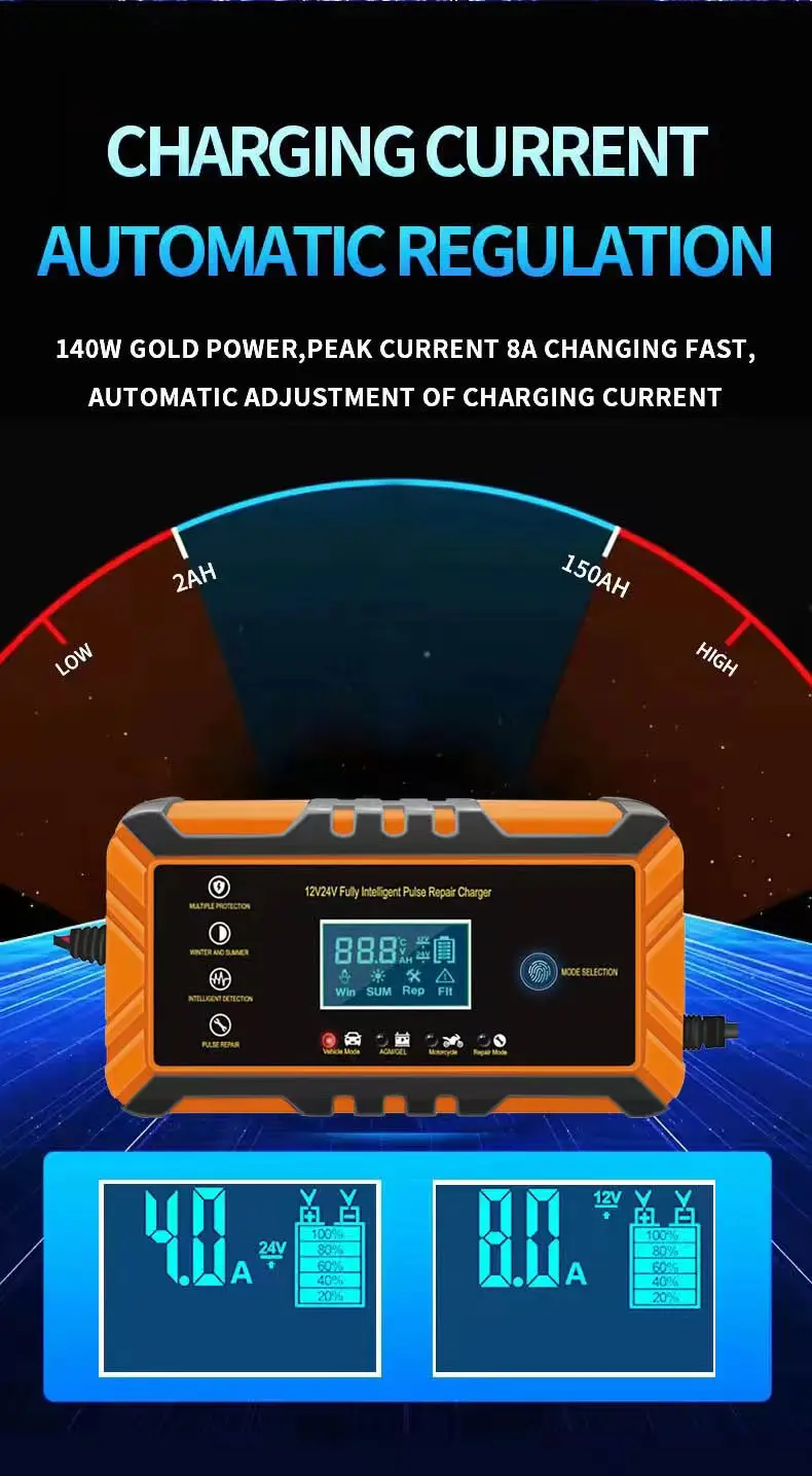 12V 24V 10A 5A Battery Charger Car Battery Smart Fast Charge LCD Display For Auto Motorcycle Truck Intelligent Pulse Repair