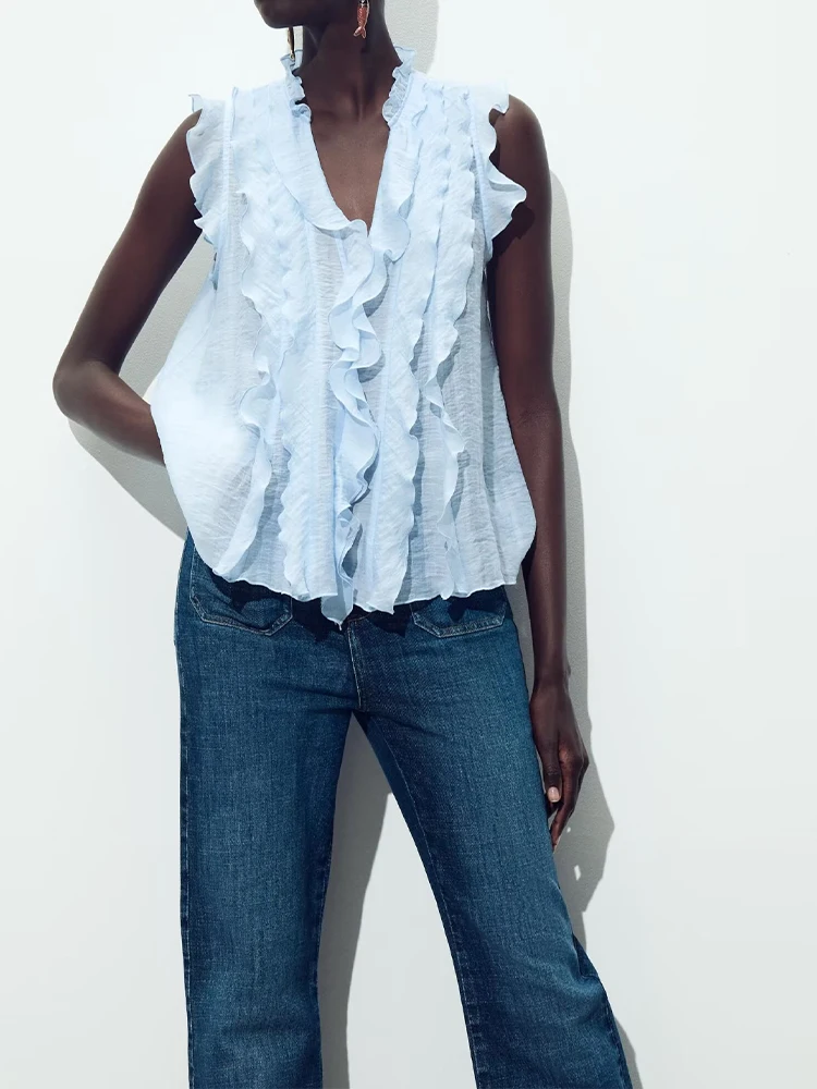 

European and American style summer new women's clothing French fashion design sleeveless layered decorative drape top
