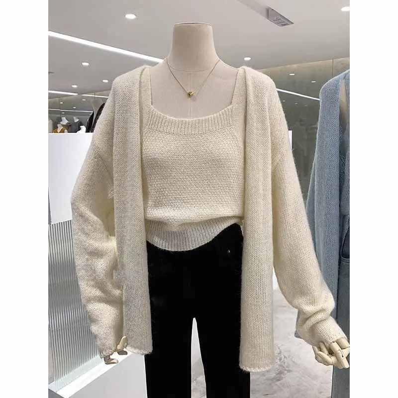 

Нежный и ленивый стиль, свободный вязаный кардиган без пуговиц, комплект из двух частей, свитер-бретелька