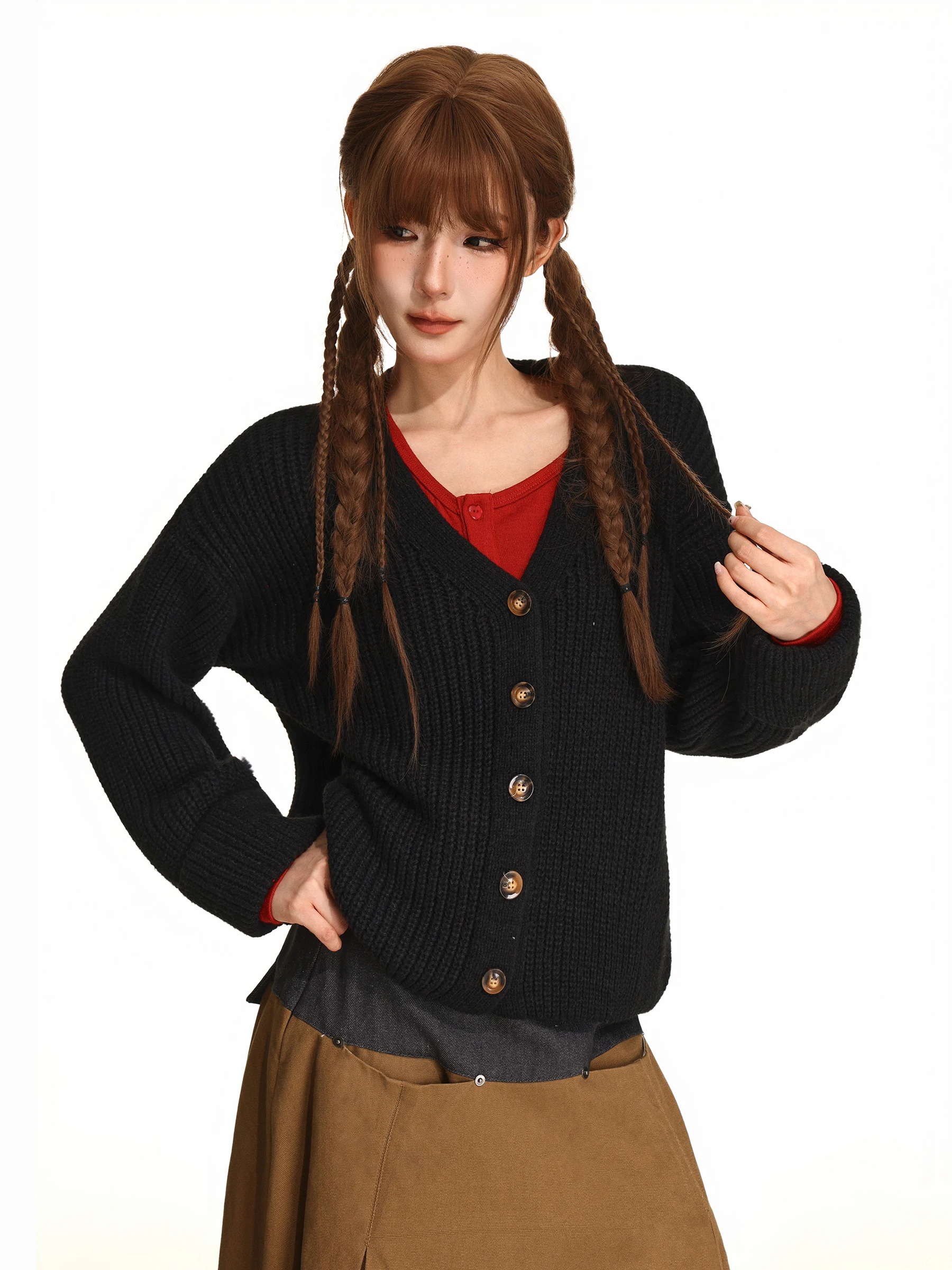 iyue Casual Knitted Pure Color Button Sweater Coat Women's Loose Lazy Feel oulder Slimming Open Cardigan Autumn Faion