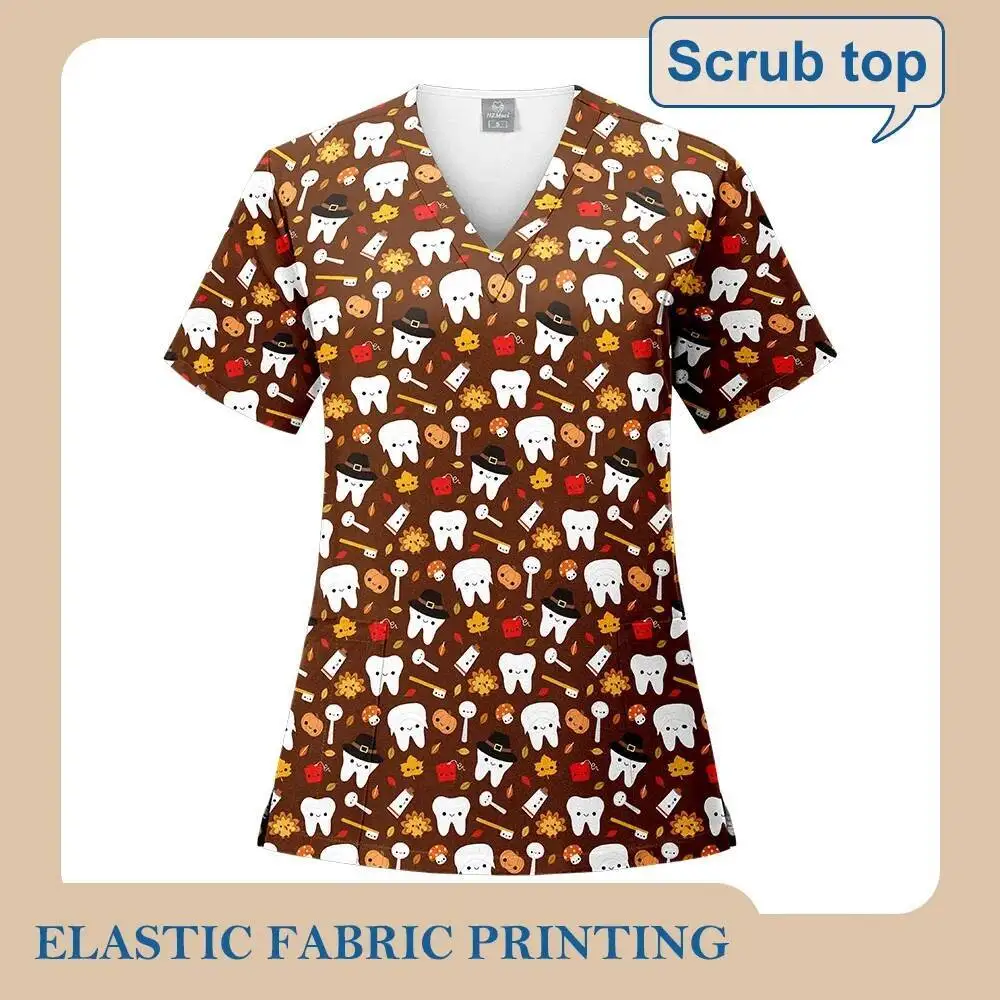 Świąteczny Nadruk Koszulka Damska Męska Strój Roboczy Dentysty Pielęgniarki Uniform Medyczny Koszulka Medyczna Damska Odzież Robocza do Szpitala Dentystycznego