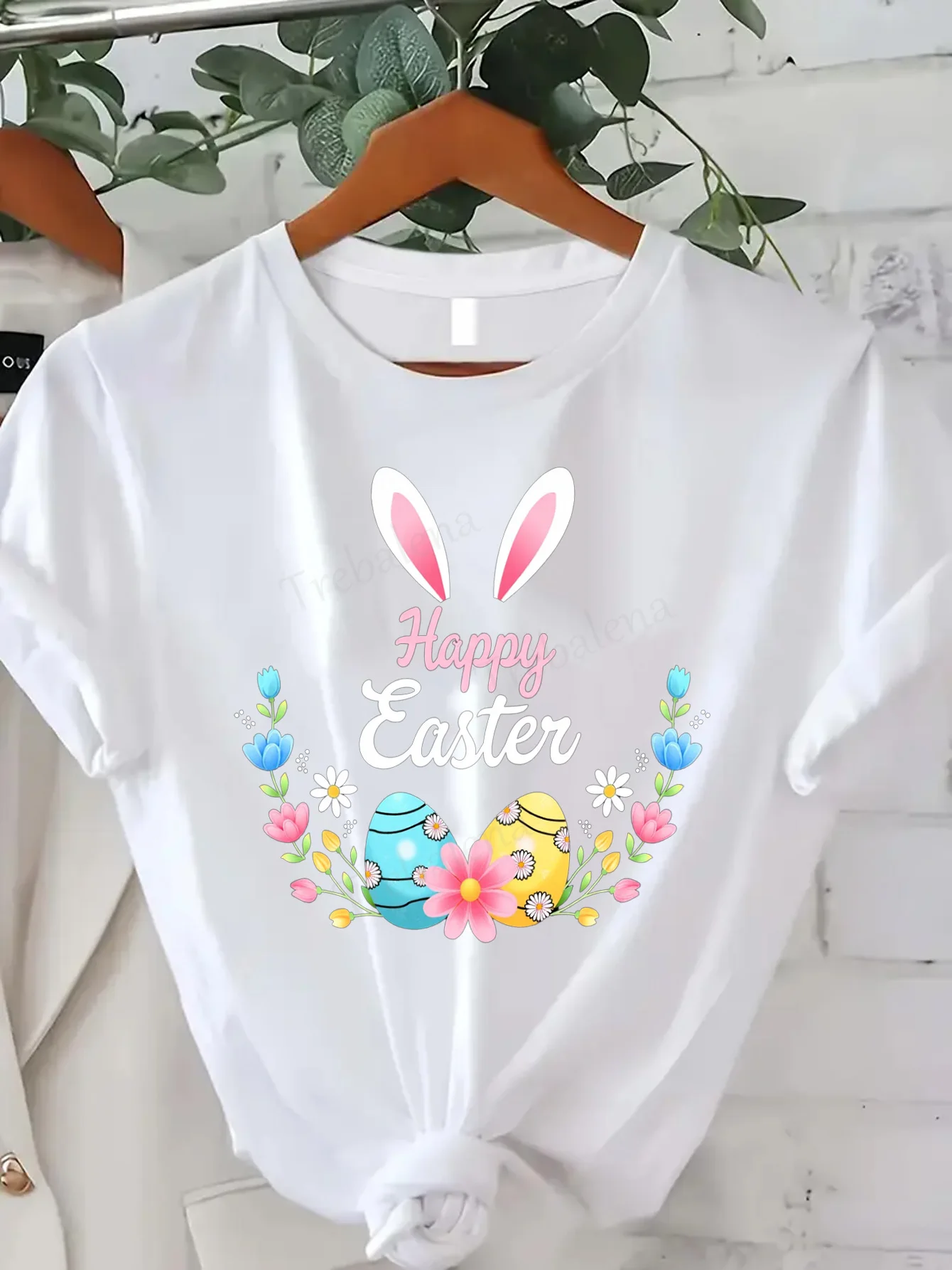 

Women T-shirt Happy Easter Bunny Ears Floral Egg Print Women's Casual T-Shirt