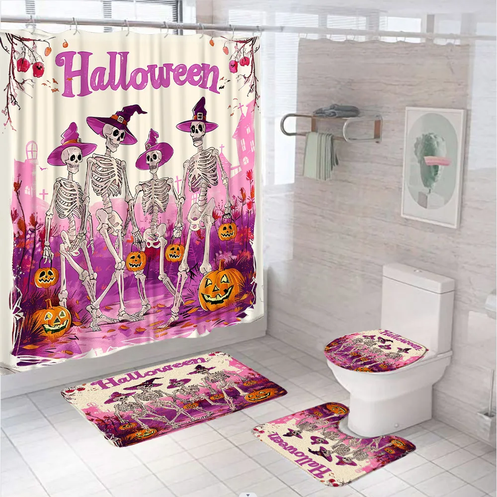 4Pcs Funny Skull Skeleton Dance Shower Curtain Set Pumpkin Graveyard Bath Screen Bathroom Mats Doormat Rug Carpet Toilet Cover