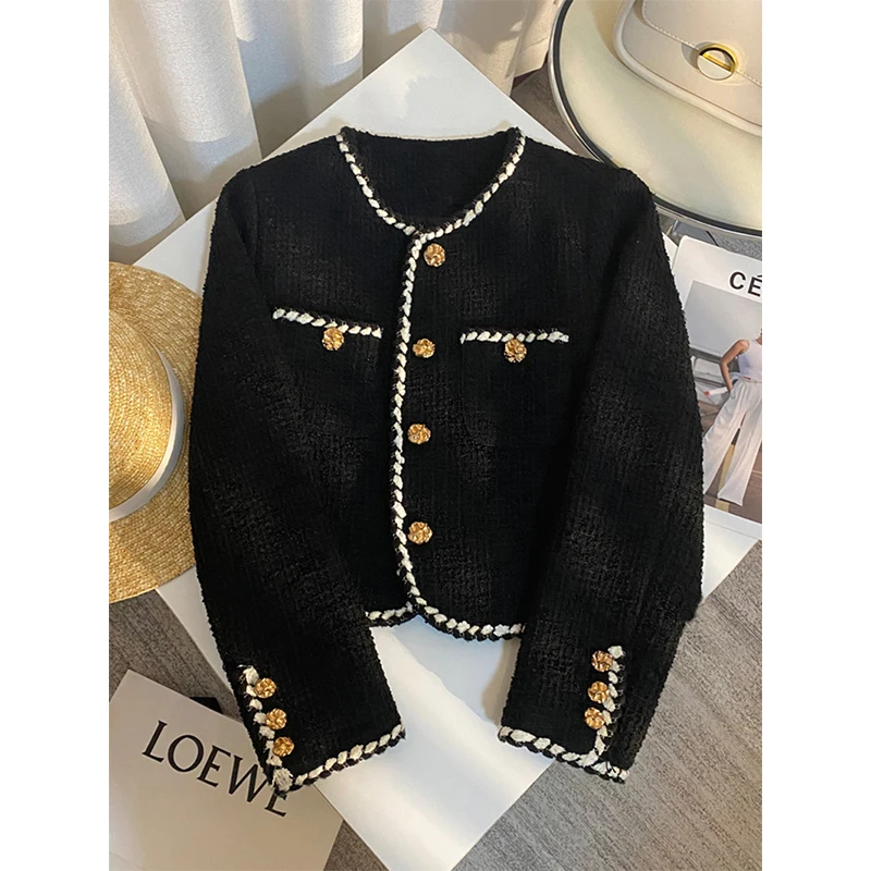 

Commute Black Blazer Winter Ladies Korean Short Outerwear Tops New Vintage Tweed Jacket Women Elegant Cropped Quilted Coat