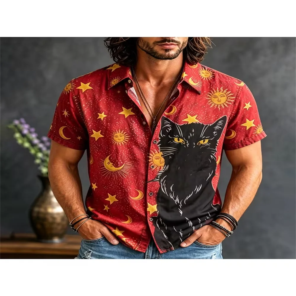Men Vintage Red Black Cat Sun Moon Star Print Shirt Boho Lapel Short Sleeve Button Up Shirts Summer Casual Loose Hawaiian Shirts