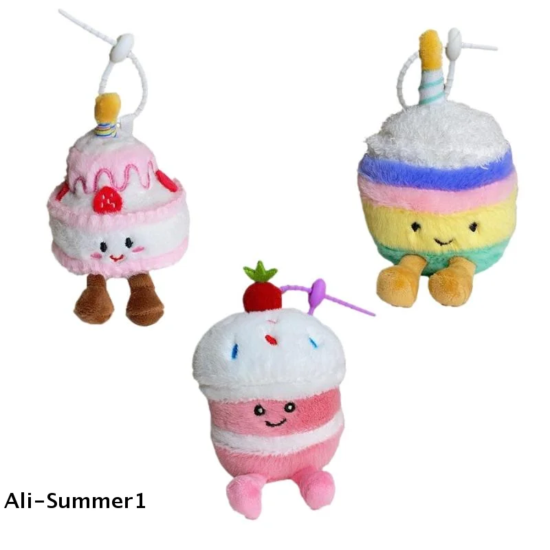 【E】만화 케이크 플러시 키체인 카와이 크리에이티브 생일 케이크 디저트 인형 펜던트 배낭 장식 액세서리 장난감 선물