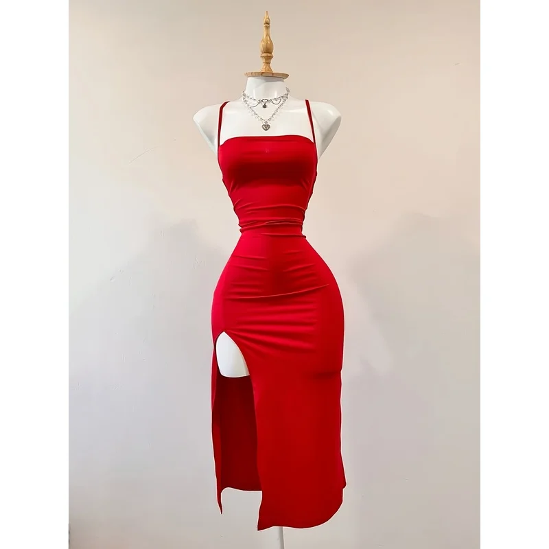 Y2K Spaghetti Strap | Tie-Detail Slit Dress, Suitable Shopping, Dates, Vacation, Daily, Birthday, Party, Beach Music F