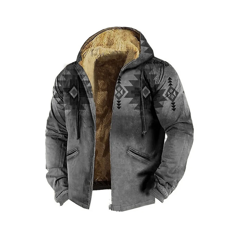Winter Men's Zip Up Hoodies Jackets Fleece Clothing Vintage Tribal Graphics Print Streetwear Outerwear Hooded Tracksuit Coat