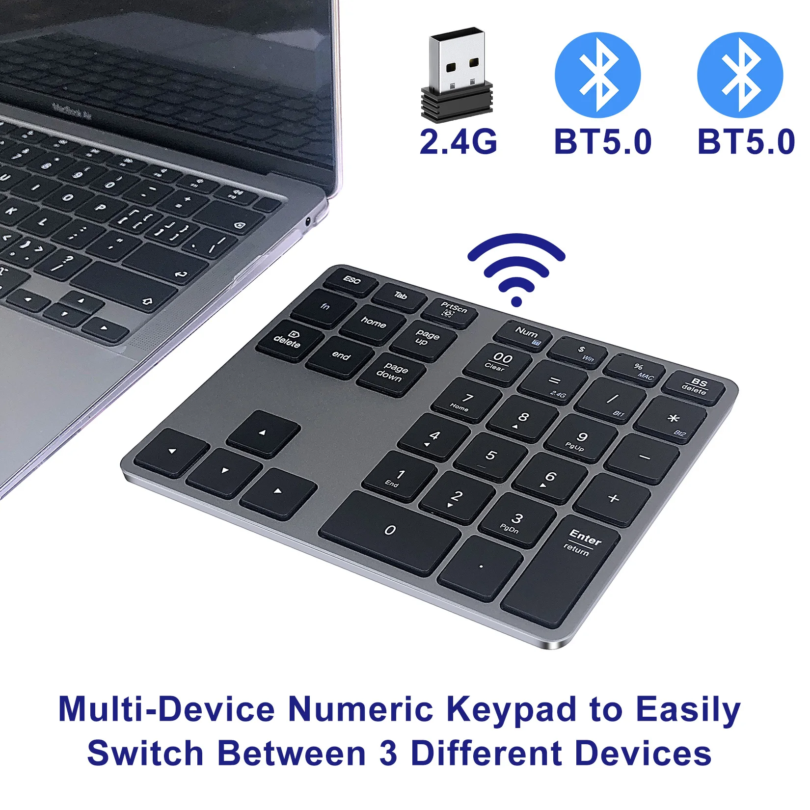 

Bluetooth Number Pad, Rechargeable Wireless Numeric Keypad Dual-Mode Aluminum USB Numpad for Laptop, MacBook Pro/Air, Mac