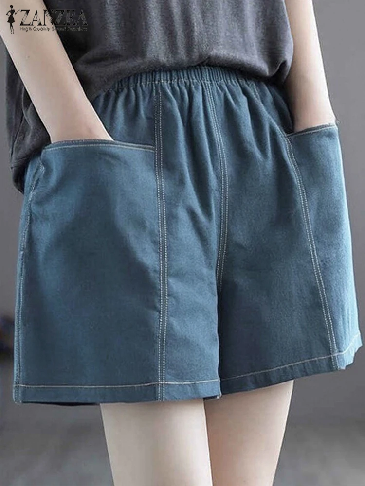 

ZANZEA Women Summer Elastic Waist Solid Shorts Loose 2025 High Waist Casual Pants Solid Color Shorts Pockets Fashion Shorts