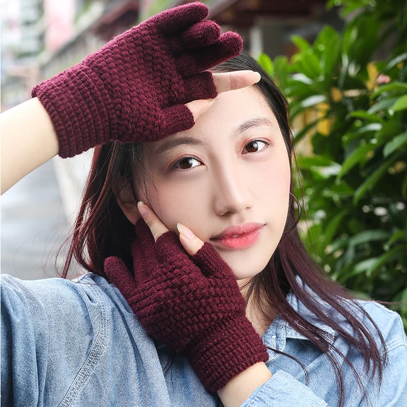 

New Autumn Winter Warm Dew Finger Gloves Student Writings 2 Half Fingers Knitted Thickened Office Touch Screen Universal 1 Pairs