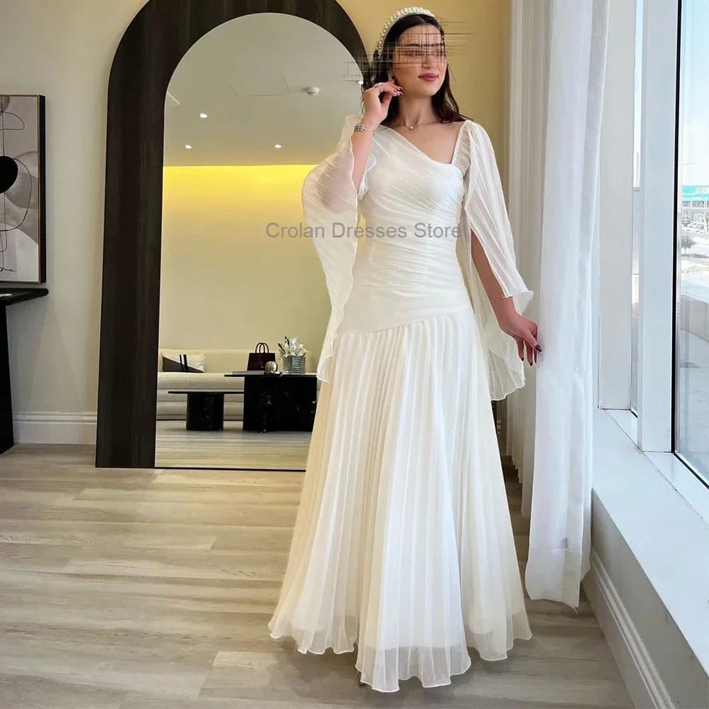 Chic Pleats Chiffon Formal Evening Dress Saudi Arabia Long Sleeve Solid Color Prom Party Gown Custom Made Special Occasion Dress