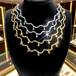 New Wave Red White Heart Shaped Zircon Charm Pendant Necklace Women Full Paved 5A Cubic Zirconia Gold Color Necklace