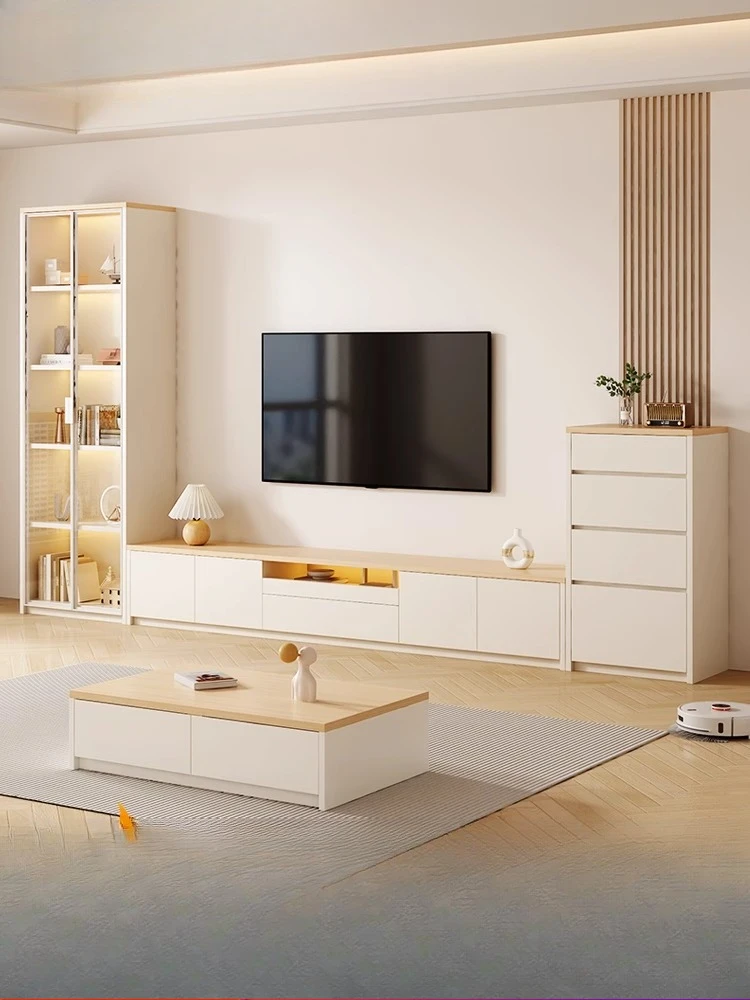 Cream wind floor-to-ceiling TV  storage and storage integrated coffee table  modern small living room and household  wall