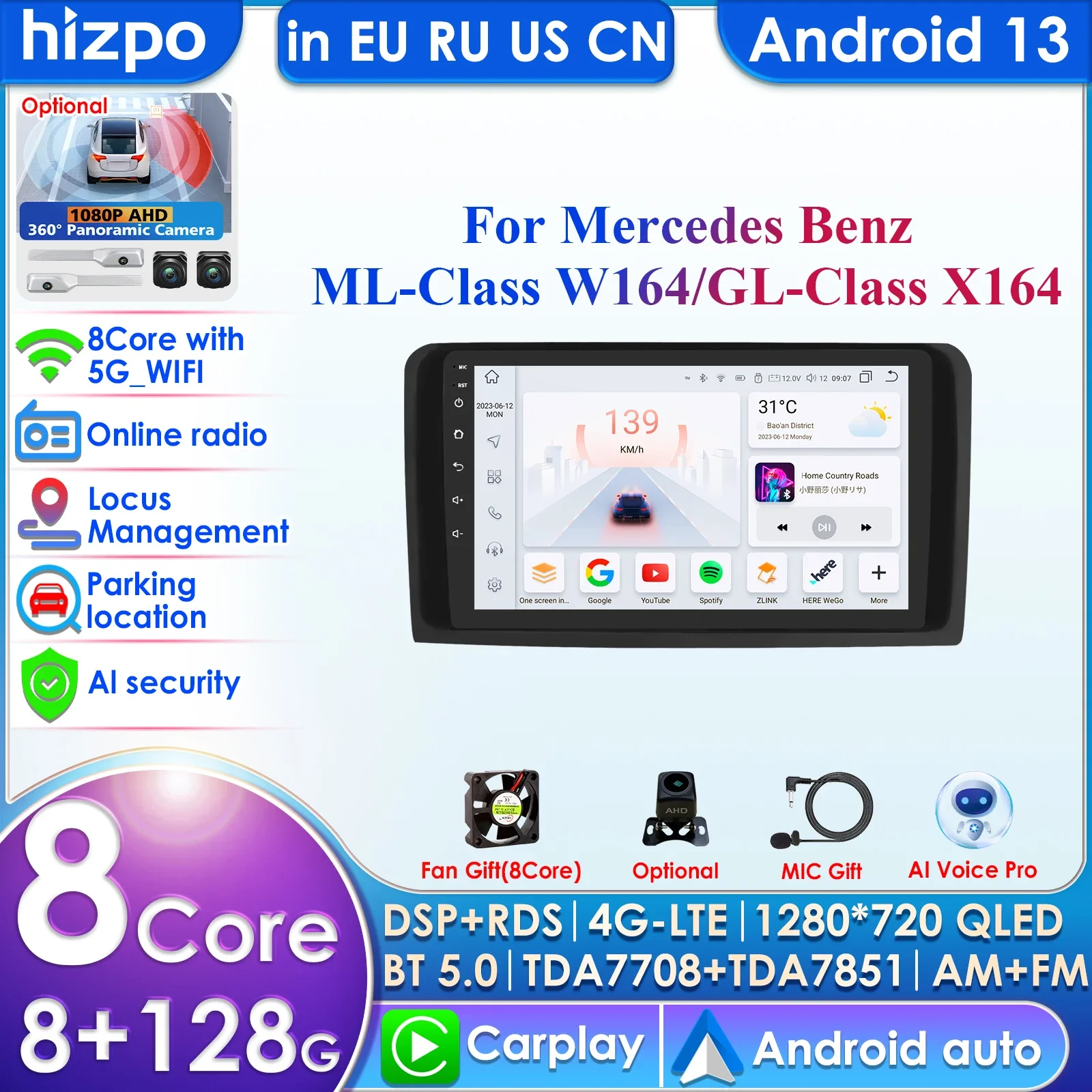 Hizpo 4G Carplay Android Auto Car Radio for Mercedes ML W164 X164 ML350 ML300 GL500 ML320 ML280 GL350 7862 Autoradio 360° Camera