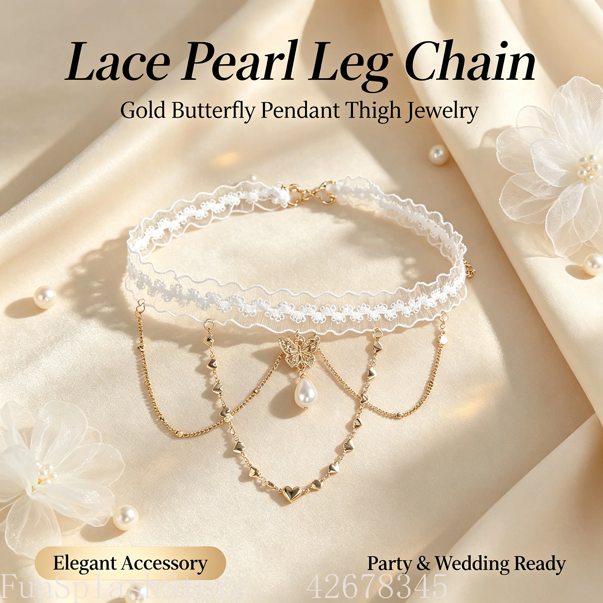 1pc White Lace Trim Golden Chain Butterfly Heart Pendant Thigh Chain