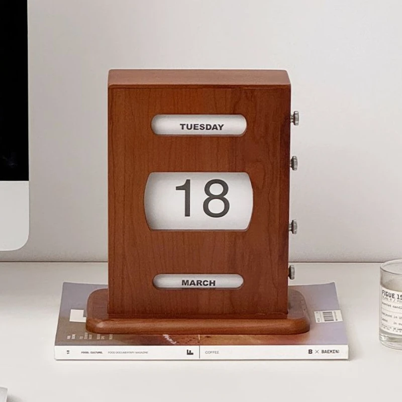 

Cherry Wood Calendar Desktop Perpetual Calendars Living Room Vintage ‌Desk Accessories Bedroom Nightstand Miniature Ornament