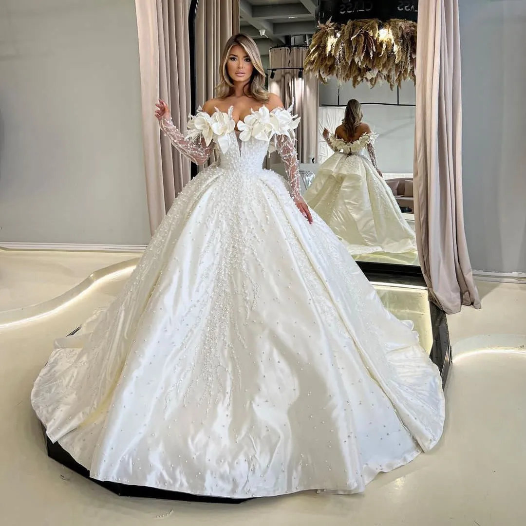 

Exquisite Wedding Dresses Long Sleeves V Neck Sequins Beaded Appliques Satin Pearls 3D Flowers Bridal Gowns Vestina De Novia