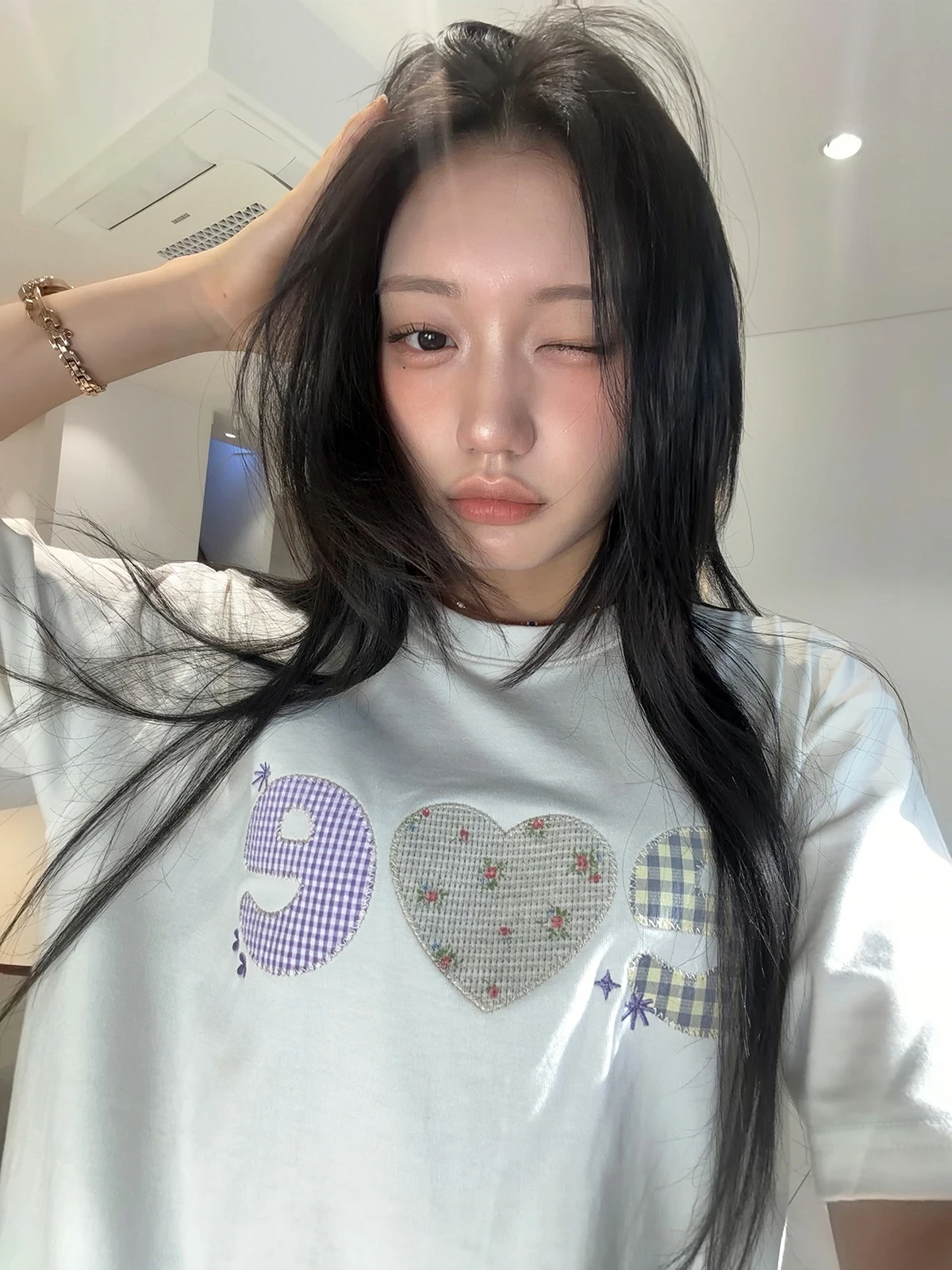 Summer Ins Style Short Sleeve T-Shirt Embroidered Floral Heart Letter Women's Loose Cotton Casual Top Sakura Model