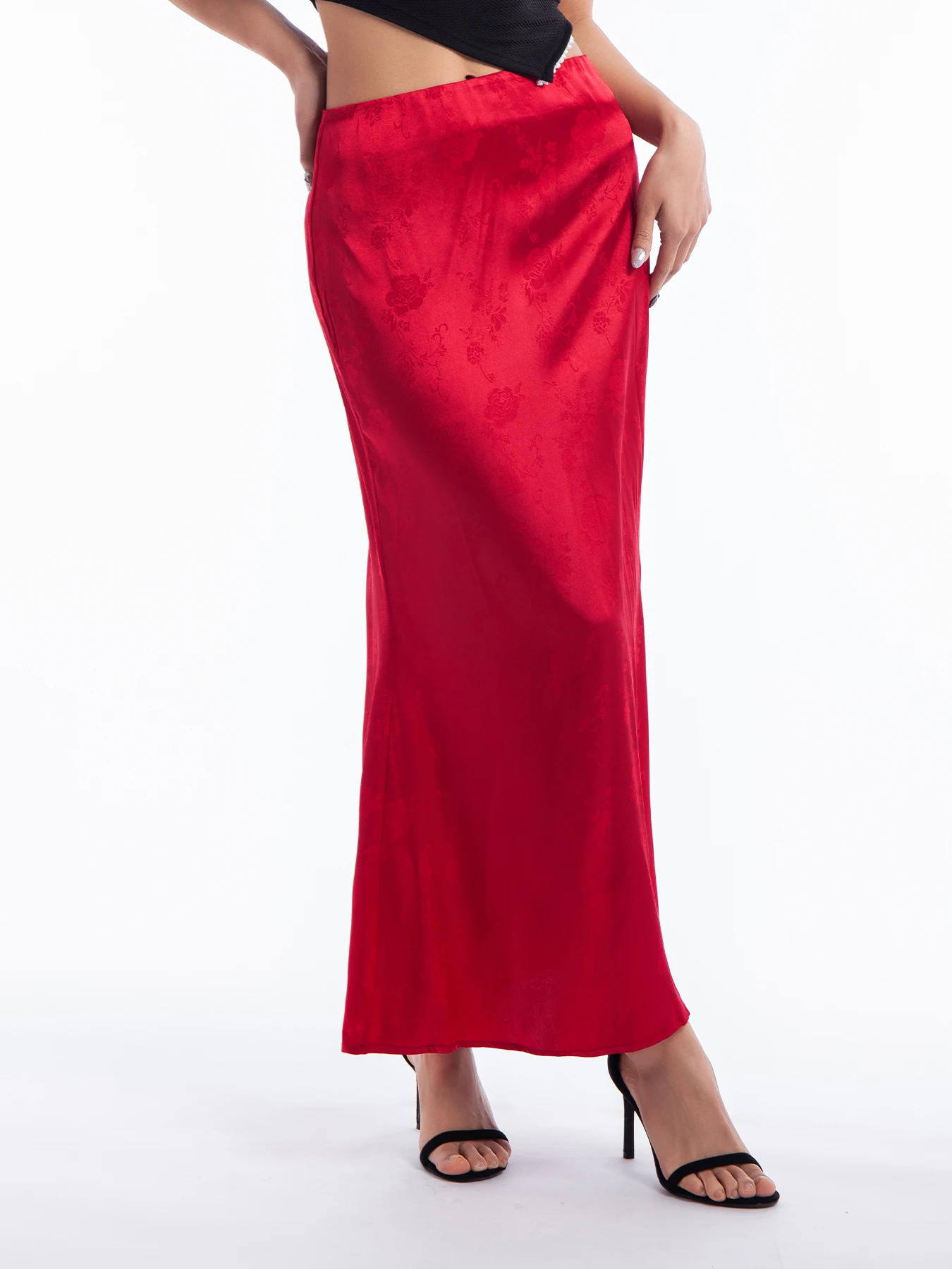 

Summer Elegant Red Textured Silk Satin Long Skirt for Women with Zipper Pleated A-Line Y2K Skirt Female Trendy Chic Party Skirt