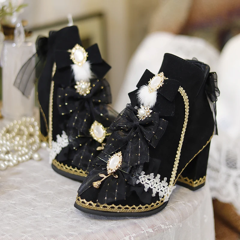 Authentic One Night Story Original Lolita Thick Heel Black Plush Ball Warm Short Boots Lolita Shoes Autumn/winter