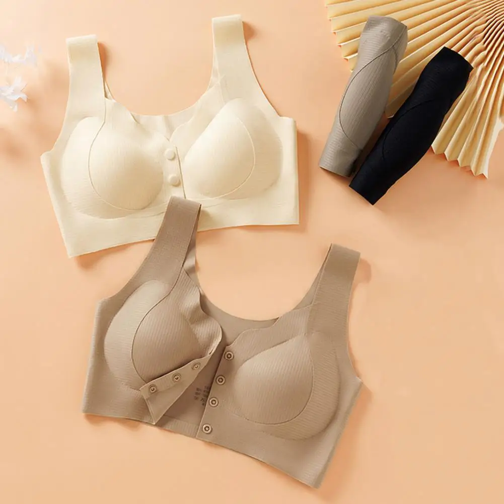 Women Bra Seamless Elastic Shoulder Strap Pure Color Wireless Front Button Closure Good Breathability High Elasticity Push-up Sp