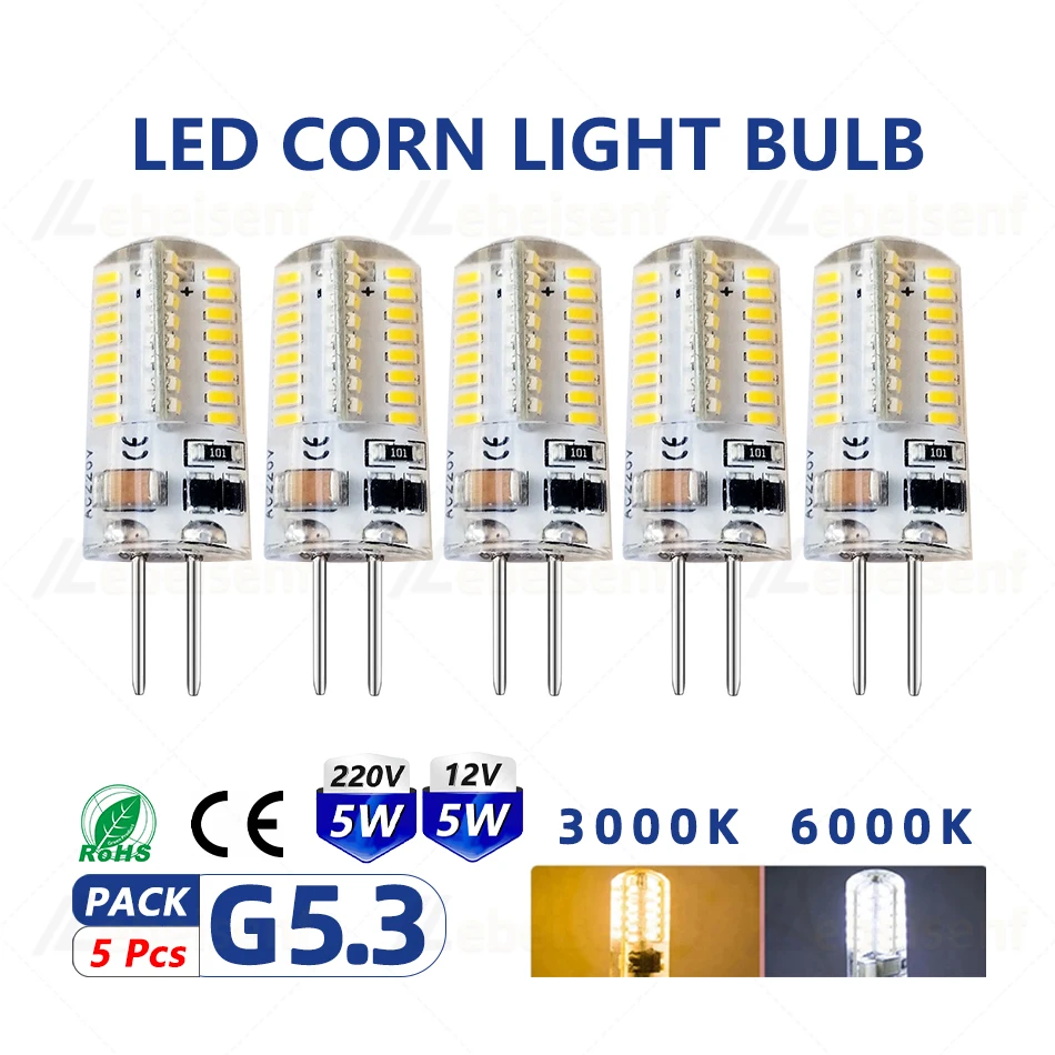 

5Psc/Lot LED Silicone Corn Light Bulb 5W High Voltage 220V SMD 3014 64LEDs 12V G5.3 Thick Foot Base Warm Cool White Light