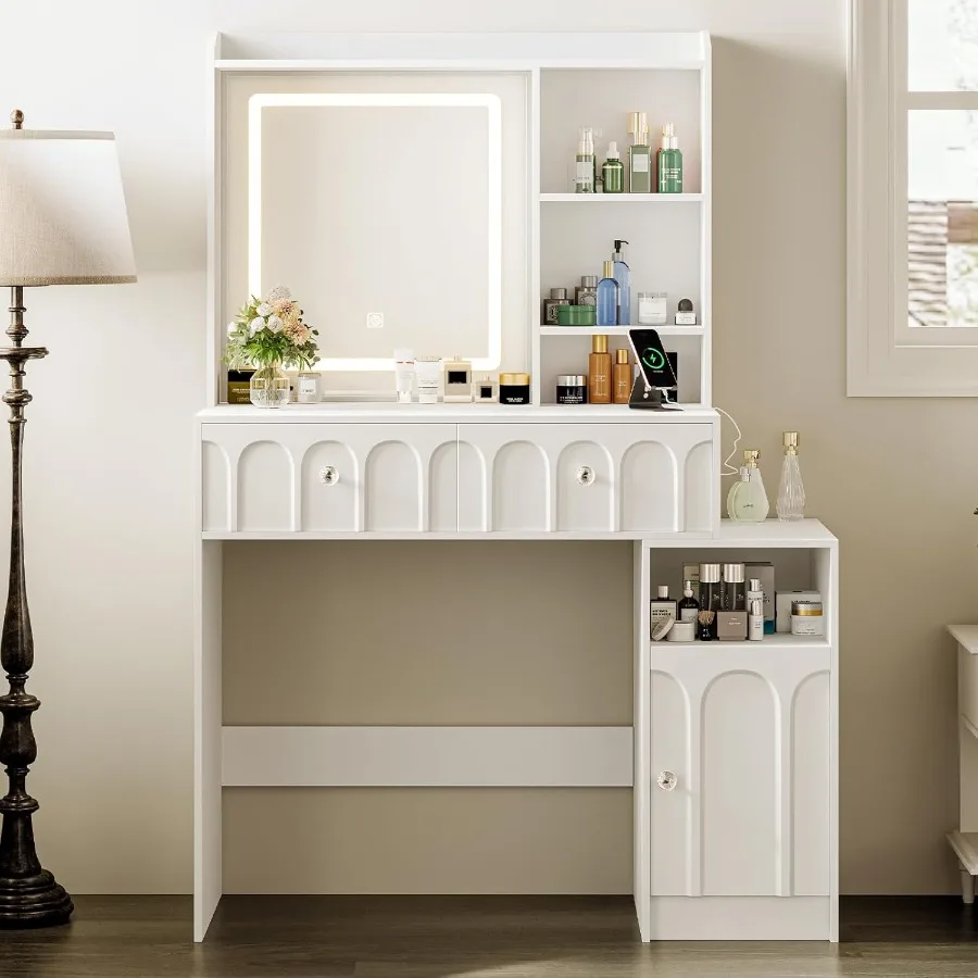 Vanity Desk with Mirror and Lights Makeup Vanity Table with 2 Storage Drawers Cabinet Power Outlet Vanity Dressing Table with 3