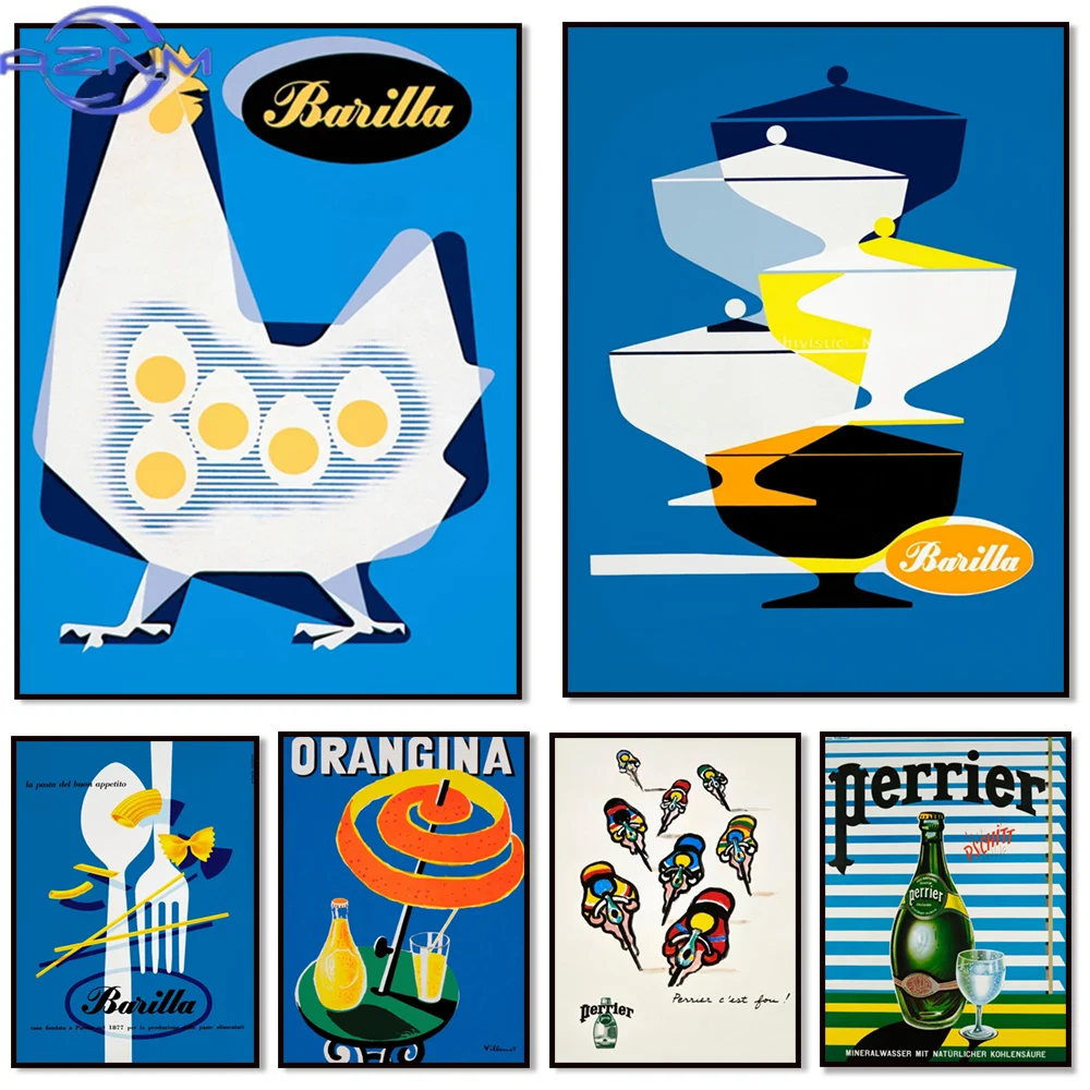 Pósters Vintage de Pasta - Bebidas Orangina, Pasta Macarrón, Botellas de Soda Perrier, Póster Publicitario Italiano para Decoración del Hogar