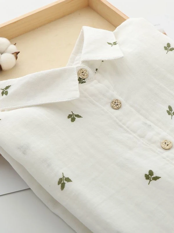 Loose Fit Pure Cotton Long Sleeve Shirt Artistic Double Layer Cotton Yarn Print Soft Base Layer Top Versatile Collar
