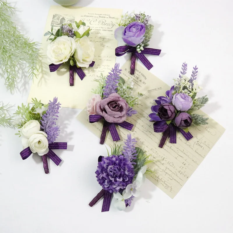 Roxo Flores Artificiais Boutoniere Wrist Corsage Handmade Homens Acessórios Do Casamento Noiva Flores