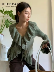 CHEERART Ruffles Flare Sleeve V Neck Knitted Sweater Cardigan Women Lace Up Slim Ribbed Long Sleeve Korean Fashion Green Sweater