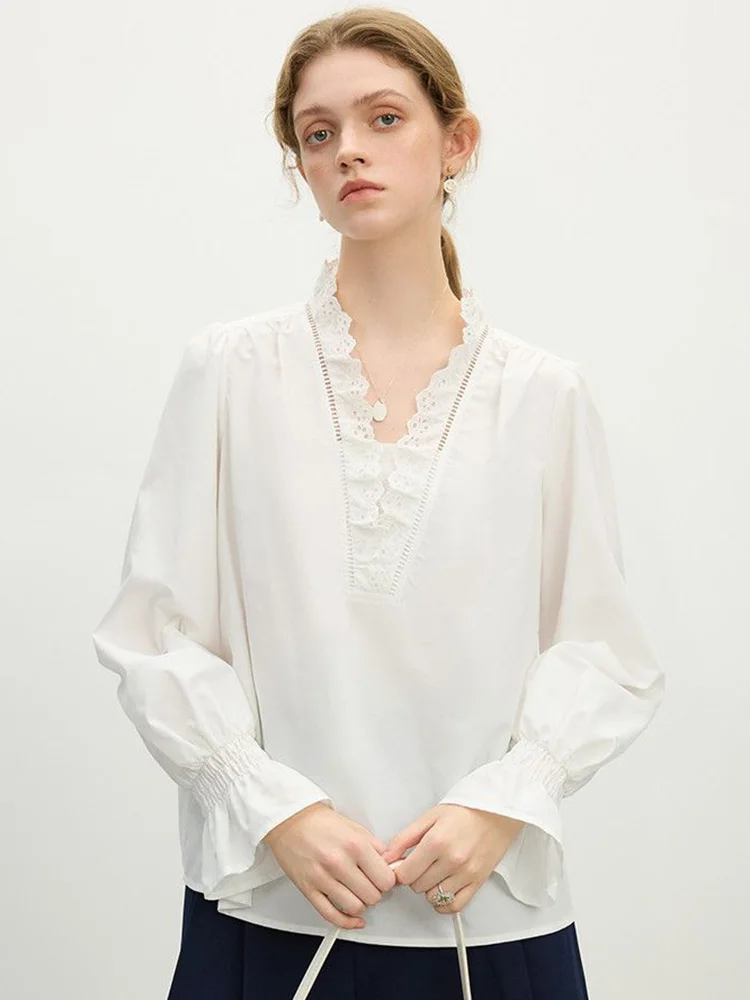 Kant Patchwork Wit Shirt Dames Vintage Amerikaanse Lente Lange Mouw Sexy V-hals Blouse Casual Losse Preppy Stijl Elegante Tops