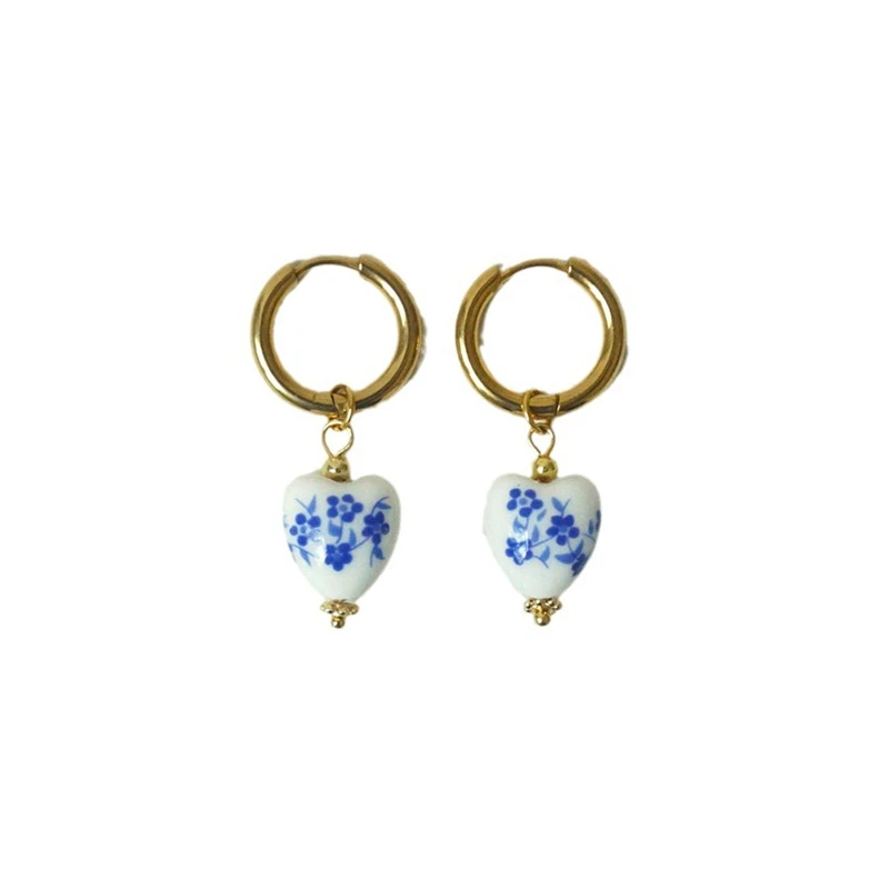 Retro New Chinese Ceramic Blue Printed Love Earrings National Trend Style Stainless Steel Imitation Blue and White Porcelain