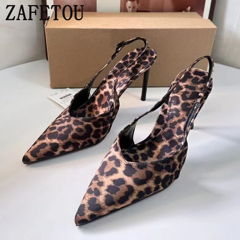 Zafetou Shoes Women 2024 Winter New Style Cusp High-Heeled Shoes Sexy Narrow Heel With Empty Leopard Print Women's sandals