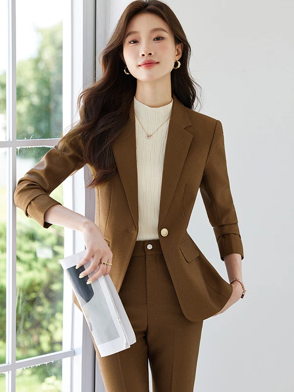 Elegant Slim Fit Suit Set Professional Workwear Commute Style Polyester Fiber Full Lined Long Sleeve One Button Closure