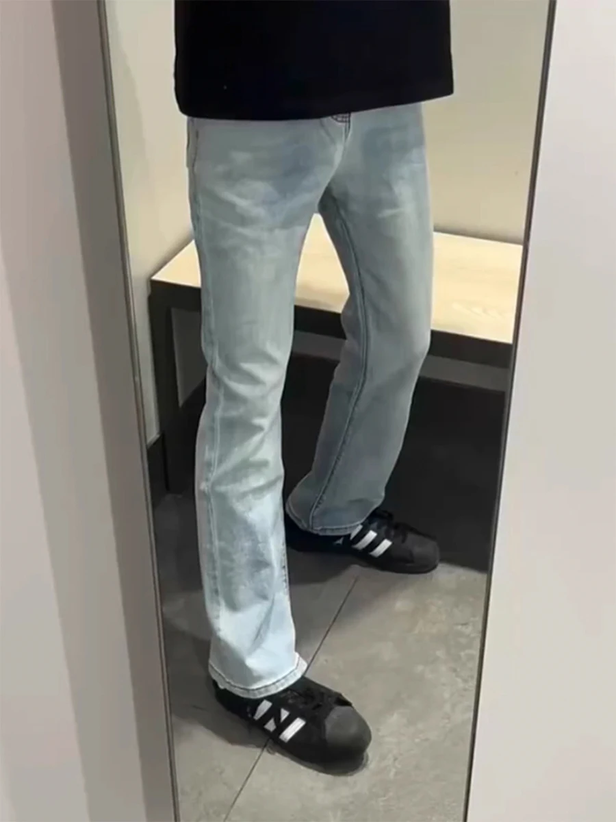 

Светло-голубые мужские джинсы прямого кроя в стиле High Street, зауженные, с микро-клешем, весенние, модные, повседневные, из денима