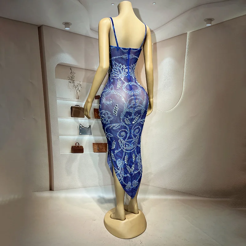 Blue Diamond Slightly Transparent Sexy Temperament Evening Dress Birthday Party Event Evening Singer Performance Evening Dresses