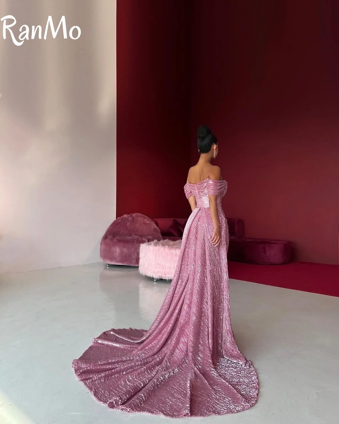 Ranmo 2025 sereia brilhante árabe vestidos de baile fora do ombro sem mangas trem varredura vestido de festa à noite longo formal ocasião vestido