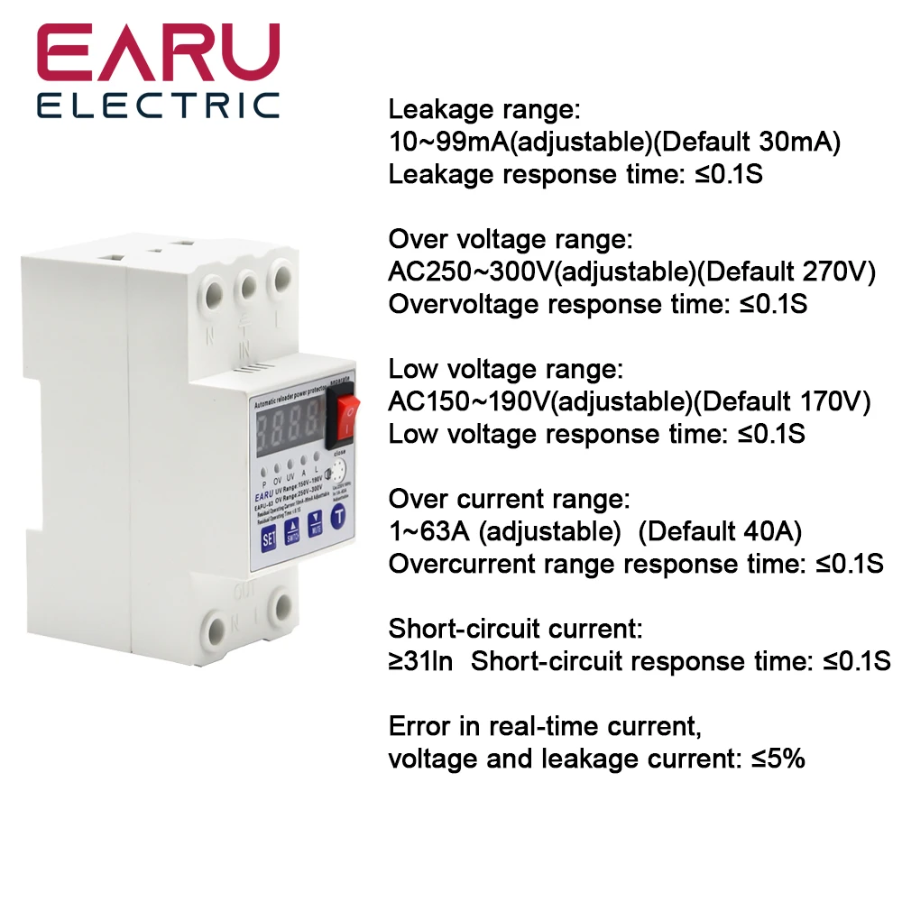 63A Automatic Reconnect Circuit Breaker Over And Under Voltage Over Current Leakage Protection Surge Protect Protector Relay