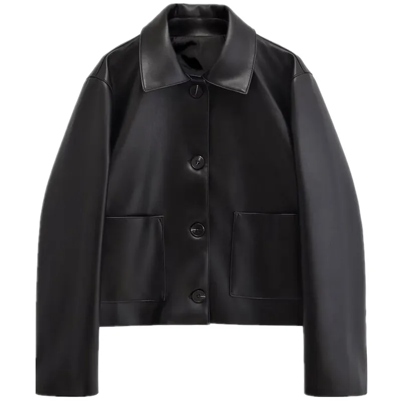 

Ele Bla Leather Jaet ort Outerwear Stand Collar Women's Sle 2024 Autumn New Arrival Faionable Commute Edition